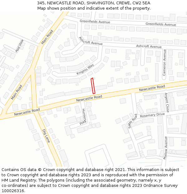 345, NEWCASTLE ROAD, SHAVINGTON, CREWE, CW2 5EA: Location map and indicative extent of plot