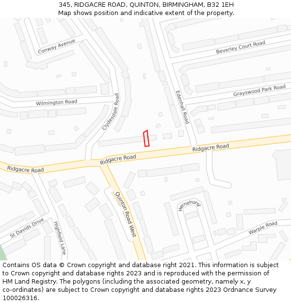 345, RIDGACRE ROAD, QUINTON, BIRMINGHAM, B32 1EH: Location map and indicative extent of plot