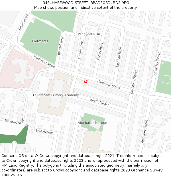 348, HAREWOOD STREET, BRADFORD, BD3 9EG: Location map and indicative extent of plot