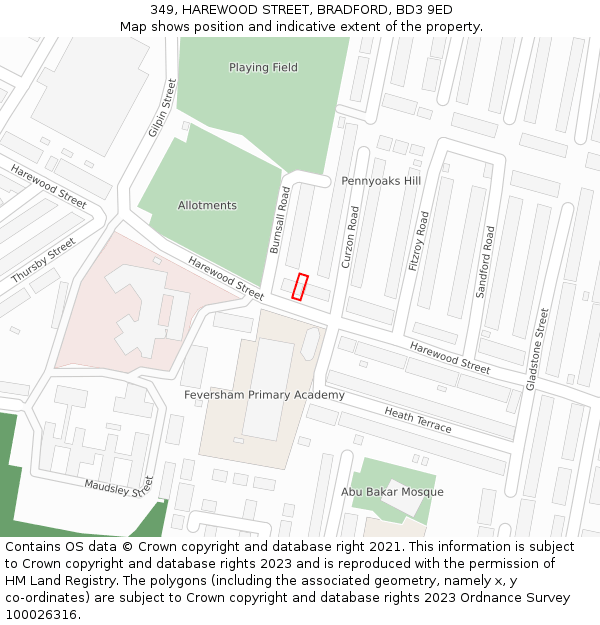 349, HAREWOOD STREET, BRADFORD, BD3 9ED: Location map and indicative extent of plot