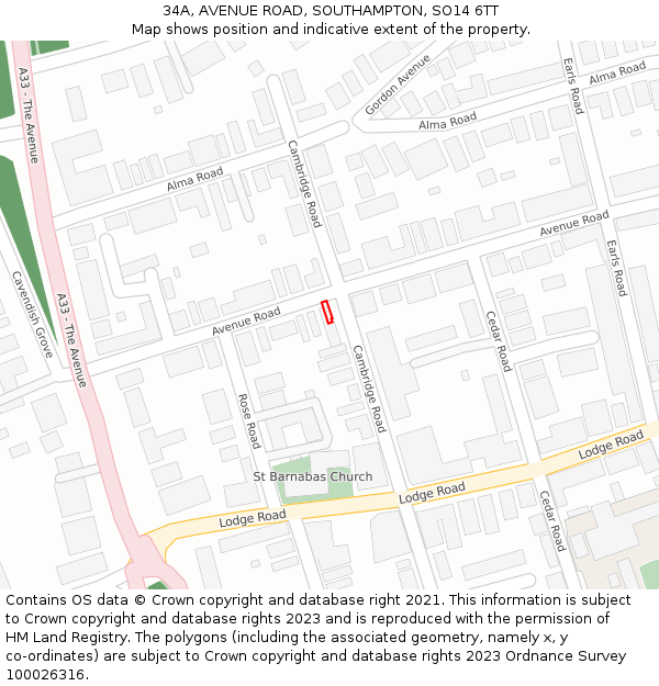 34A, AVENUE ROAD, SOUTHAMPTON, SO14 6TT: Location map and indicative extent of plot