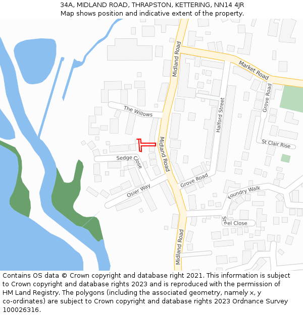 34A, MIDLAND ROAD, THRAPSTON, KETTERING, NN14 4JR: Location map and indicative extent of plot