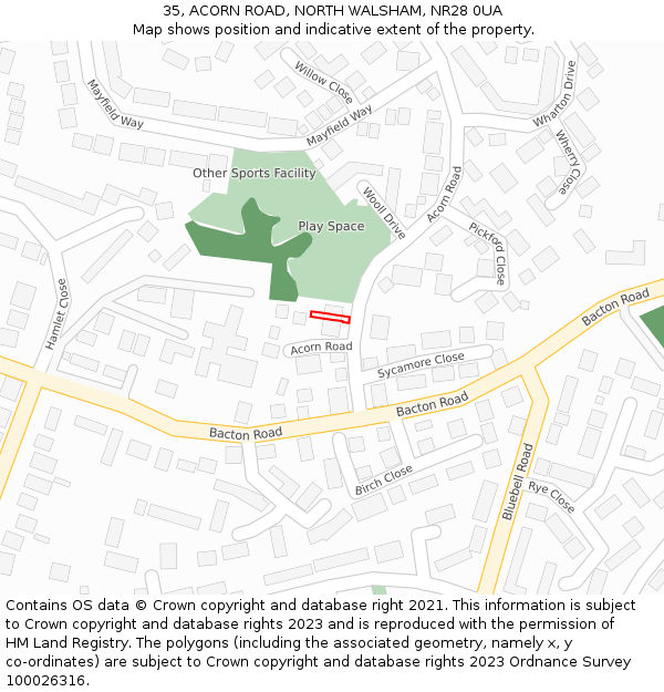 35, ACORN ROAD, NORTH WALSHAM, NR28 0UA: Location map and indicative extent of plot