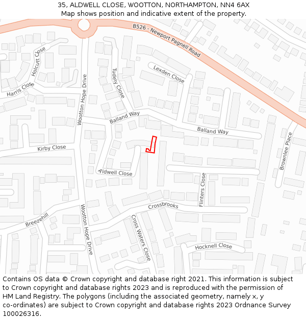 35, ALDWELL CLOSE, WOOTTON, NORTHAMPTON, NN4 6AX: Location map and indicative extent of plot