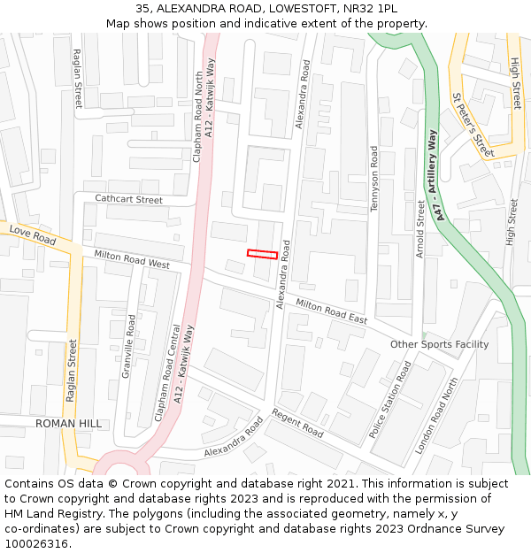 35, ALEXANDRA ROAD, LOWESTOFT, NR32 1PL: Location map and indicative extent of plot