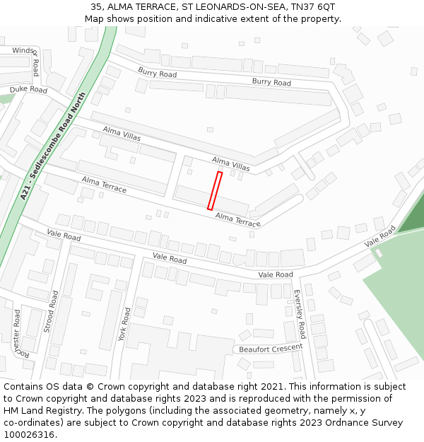 35, ALMA TERRACE, ST LEONARDS-ON-SEA, TN37 6QT: Location map and indicative extent of plot