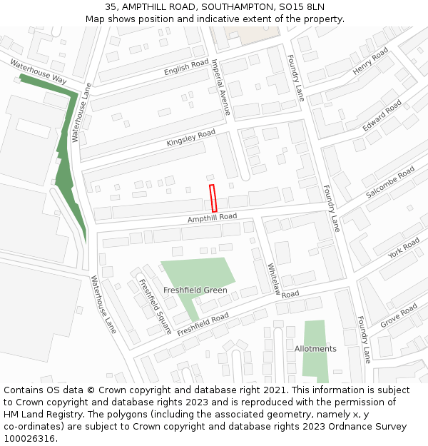 35, AMPTHILL ROAD, SOUTHAMPTON, SO15 8LN: Location map and indicative extent of plot