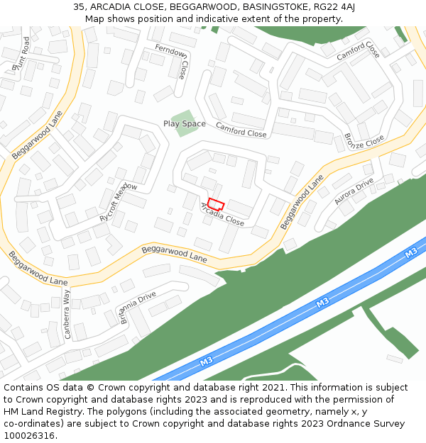 35, ARCADIA CLOSE, BEGGARWOOD, BASINGSTOKE, RG22 4AJ: Location map and indicative extent of plot