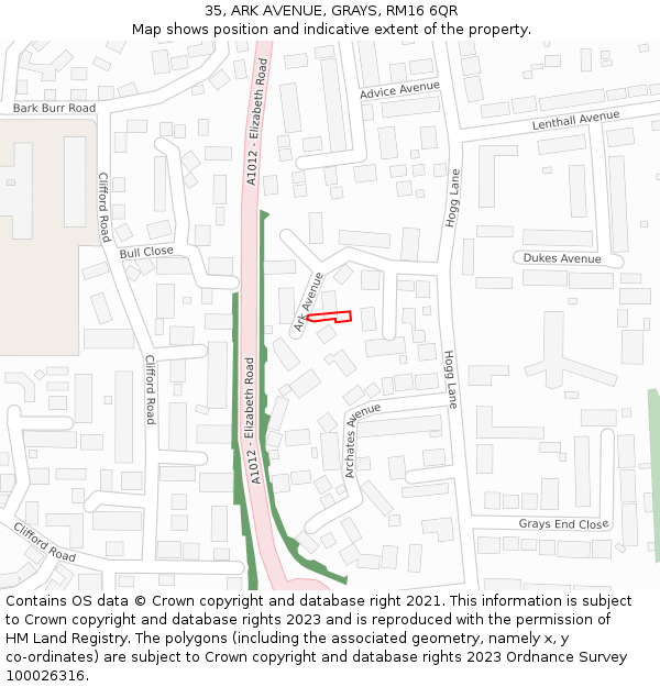 35, ARK AVENUE, GRAYS, RM16 6QR: Location map and indicative extent of plot