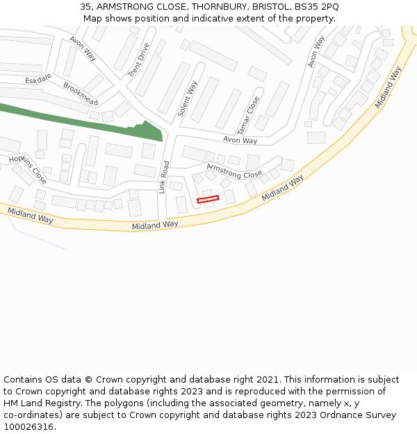35, ARMSTRONG CLOSE, THORNBURY, BRISTOL, BS35 2PQ: Location map and indicative extent of plot