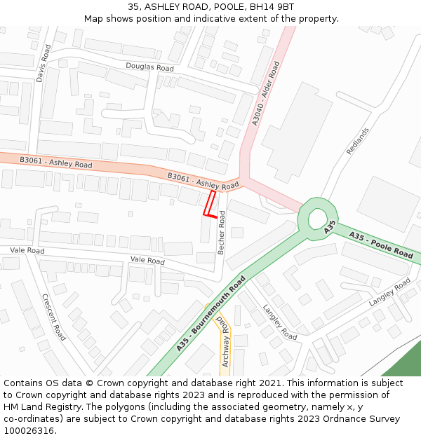 35, ASHLEY ROAD, POOLE, BH14 9BT: Location map and indicative extent of plot