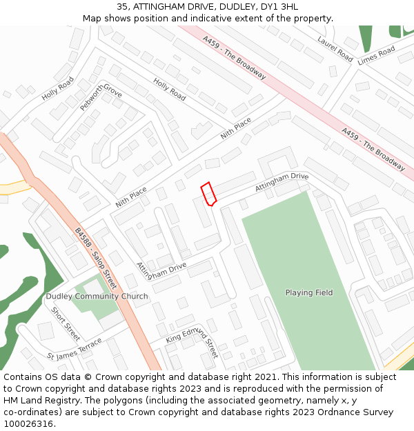 35, ATTINGHAM DRIVE, DUDLEY, DY1 3HL: Location map and indicative extent of plot