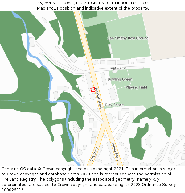 35, AVENUE ROAD, HURST GREEN, CLITHEROE, BB7 9QB: Location map and indicative extent of plot