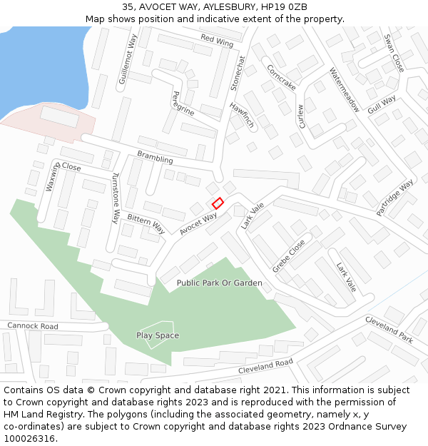 35, AVOCET WAY, AYLESBURY, HP19 0ZB: Location map and indicative extent of plot