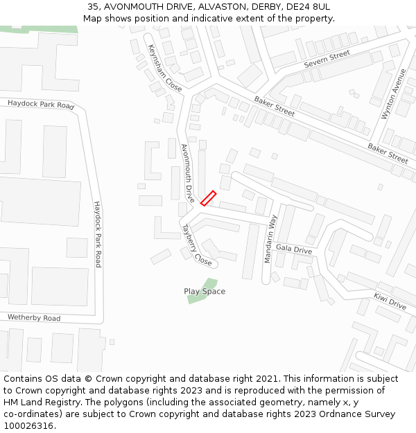 35, AVONMOUTH DRIVE, ALVASTON, DERBY, DE24 8UL: Location map and indicative extent of plot