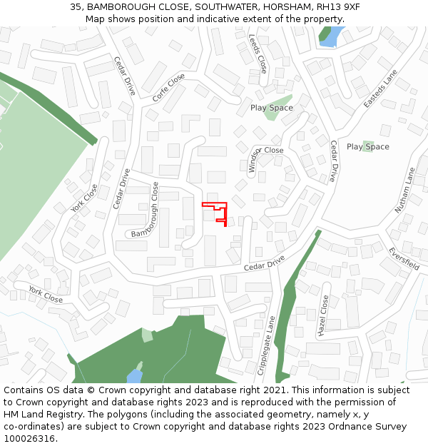 35, BAMBOROUGH CLOSE, SOUTHWATER, HORSHAM, RH13 9XF: Location map and indicative extent of plot