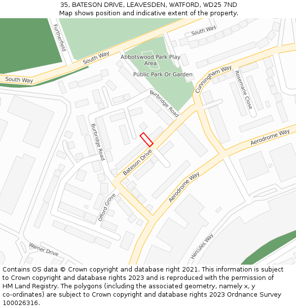 35, BATESON DRIVE, LEAVESDEN, WATFORD, WD25 7ND: Location map and indicative extent of plot
