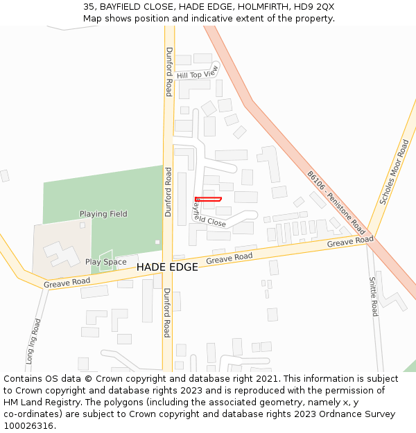 35, BAYFIELD CLOSE, HADE EDGE, HOLMFIRTH, HD9 2QX: Location map and indicative extent of plot