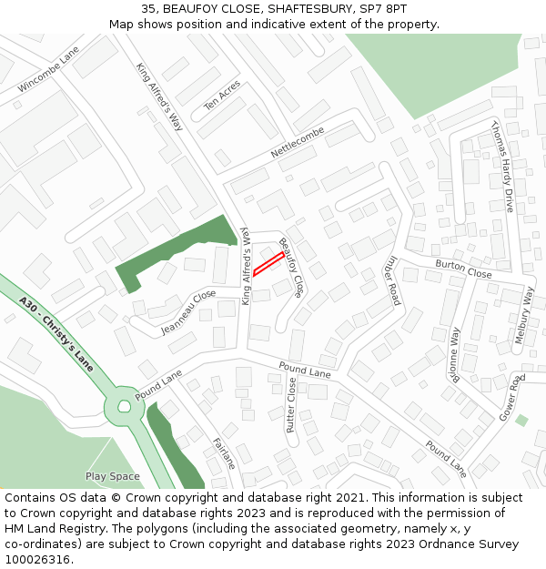 35, BEAUFOY CLOSE, SHAFTESBURY, SP7 8PT: Location map and indicative extent of plot