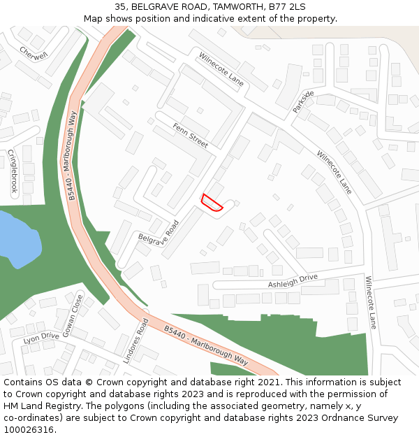 35, BELGRAVE ROAD, TAMWORTH, B77 2LS: Location map and indicative extent of plot