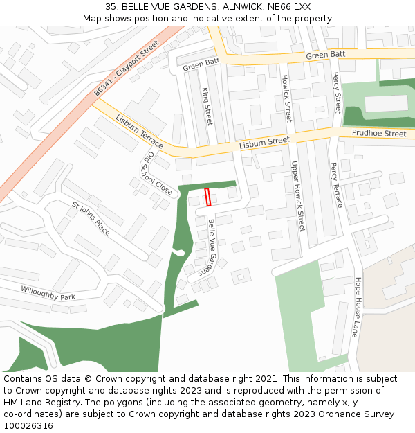 35, BELLE VUE GARDENS, ALNWICK, NE66 1XX: Location map and indicative extent of plot