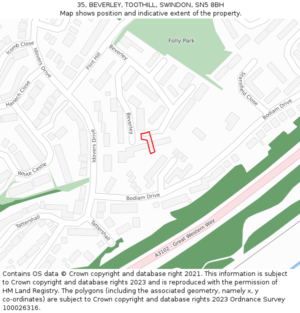 35, BEVERLEY, TOOTHILL, SWINDON, SN5 8BH: Location map and indicative extent of plot