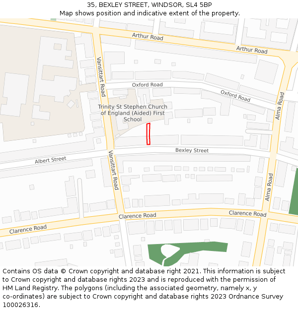 35, BEXLEY STREET, WINDSOR, SL4 5BP: Location map and indicative extent of plot
