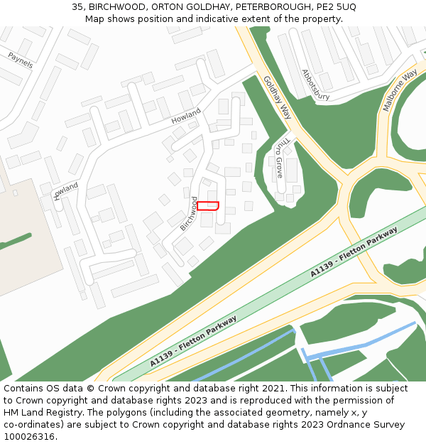 35, BIRCHWOOD, ORTON GOLDHAY, PETERBOROUGH, PE2 5UQ: Location map and indicative extent of plot