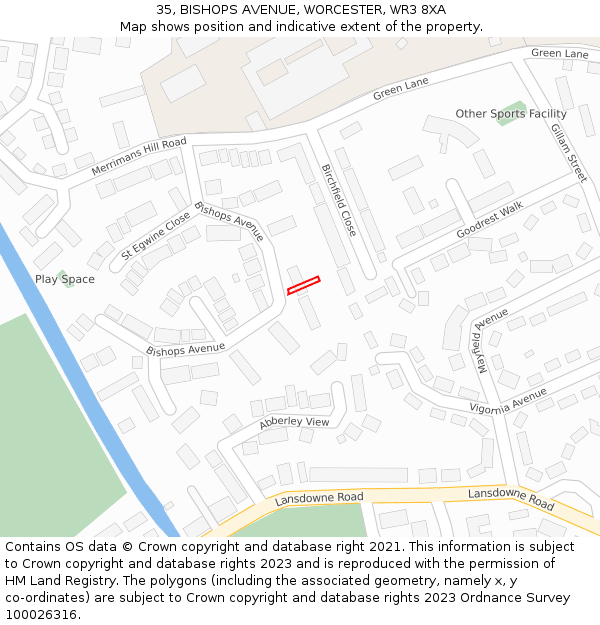 35, BISHOPS AVENUE, WORCESTER, WR3 8XA: Location map and indicative extent of plot