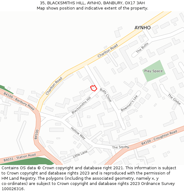 35, BLACKSMITHS HILL, AYNHO, BANBURY, OX17 3AH: Location map and indicative extent of plot