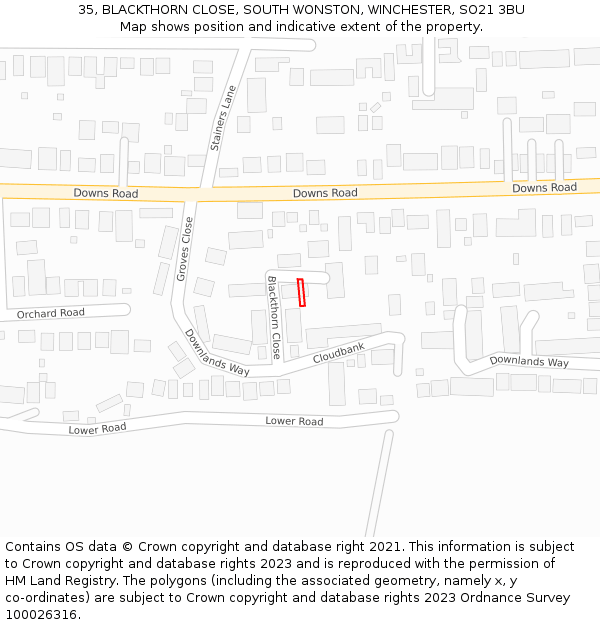 35, BLACKTHORN CLOSE, SOUTH WONSTON, WINCHESTER, SO21 3BU: Location map and indicative extent of plot