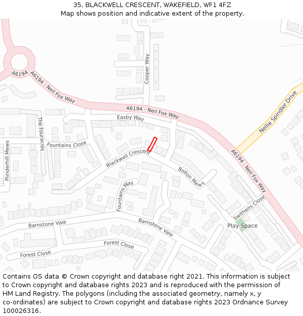35, BLACKWELL CRESCENT, WAKEFIELD, WF1 4FZ: Location map and indicative extent of plot