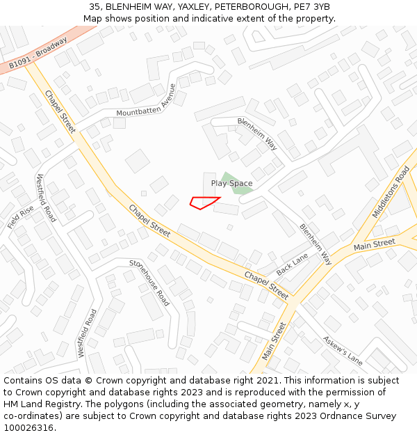 35, BLENHEIM WAY, YAXLEY, PETERBOROUGH, PE7 3YB: Location map and indicative extent of plot