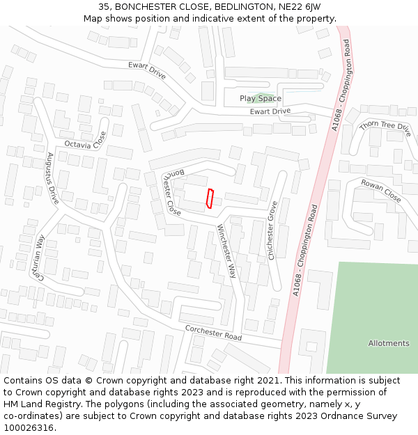 35, BONCHESTER CLOSE, BEDLINGTON, NE22 6JW: Location map and indicative extent of plot