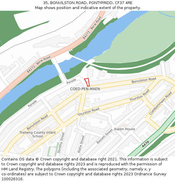 35, BONVILSTON ROAD, PONTYPRIDD, CF37 4RE: Location map and indicative extent of plot