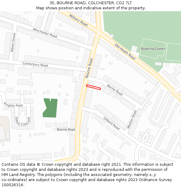 35, BOURNE ROAD, COLCHESTER, CO2 7LT: Location map and indicative extent of plot