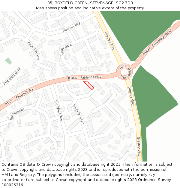 35, BOXFIELD GREEN, STEVENAGE, SG2 7DR: Location map and indicative extent of plot