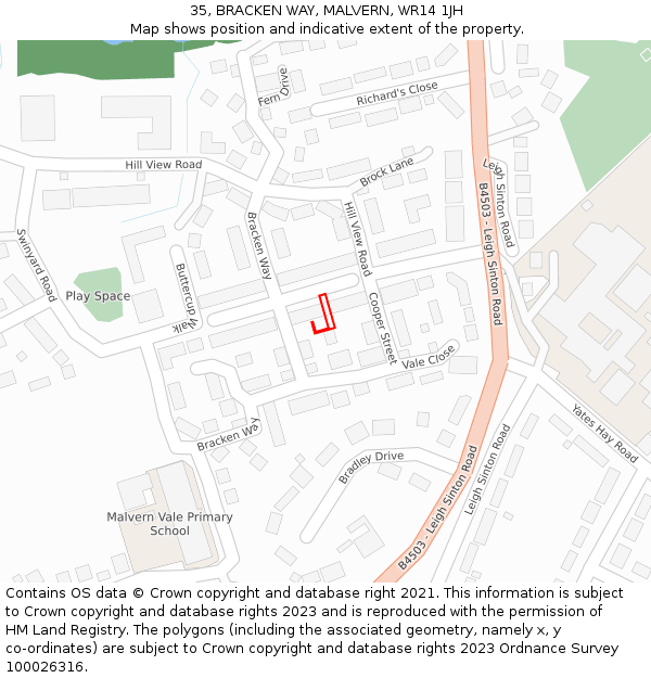 35, BRACKEN WAY, MALVERN, WR14 1JH: Location map and indicative extent of plot
