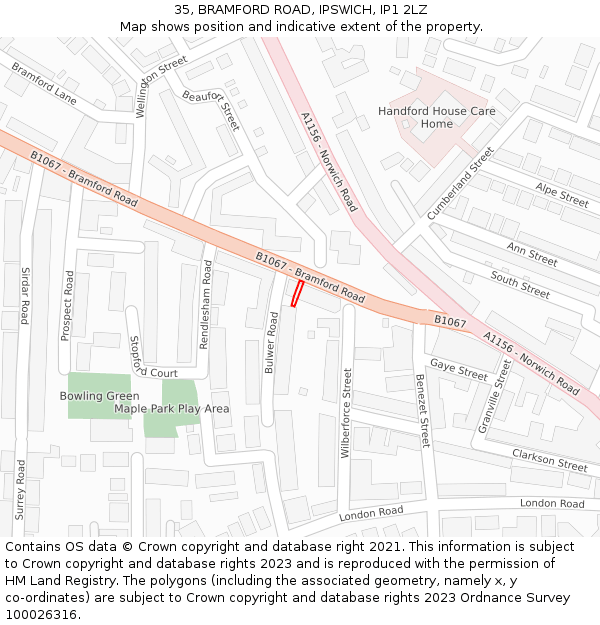 35, BRAMFORD ROAD, IPSWICH, IP1 2LZ: Location map and indicative extent of plot