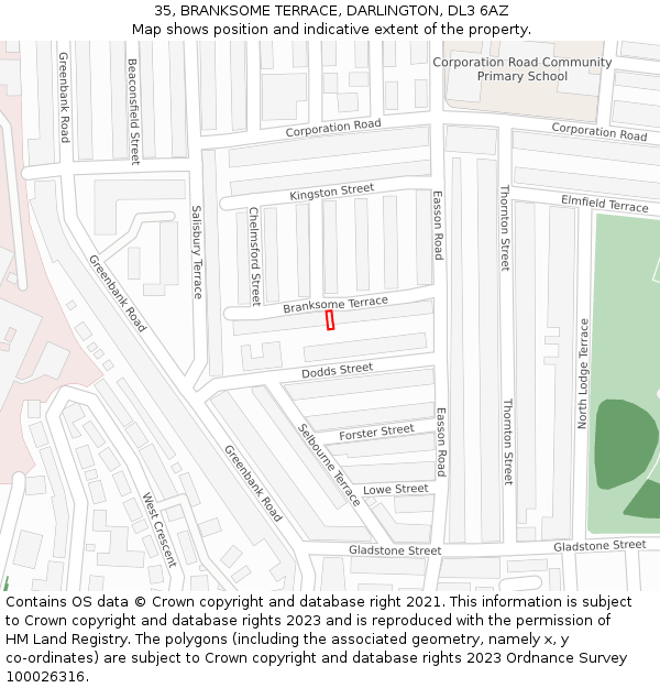 35, BRANKSOME TERRACE, DARLINGTON, DL3 6AZ: Location map and indicative extent of plot