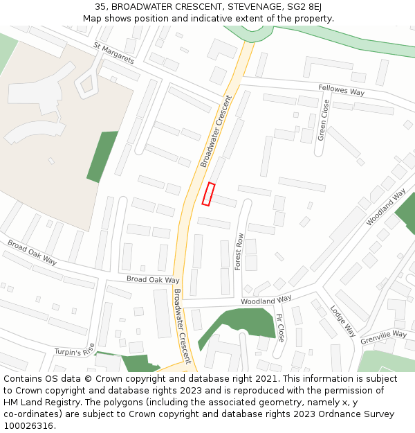 35, BROADWATER CRESCENT, STEVENAGE, SG2 8EJ: Location map and indicative extent of plot