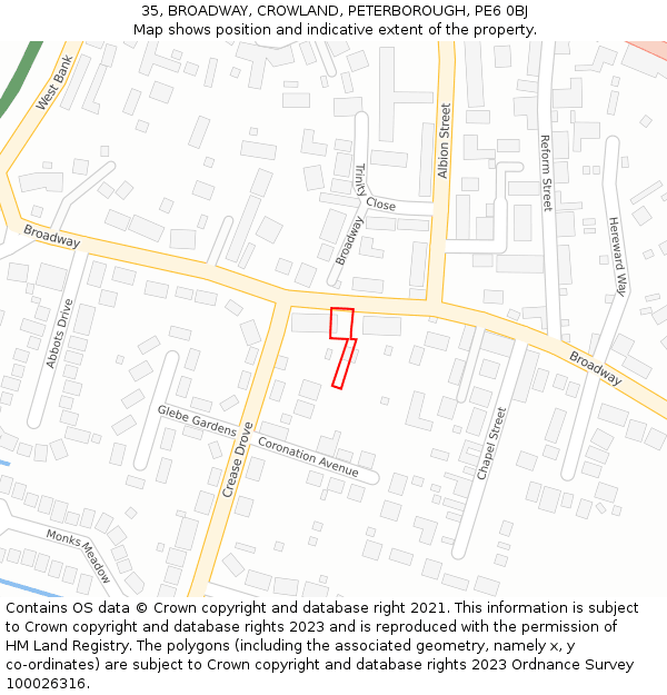 35, BROADWAY, CROWLAND, PETERBOROUGH, PE6 0BJ: Location map and indicative extent of plot