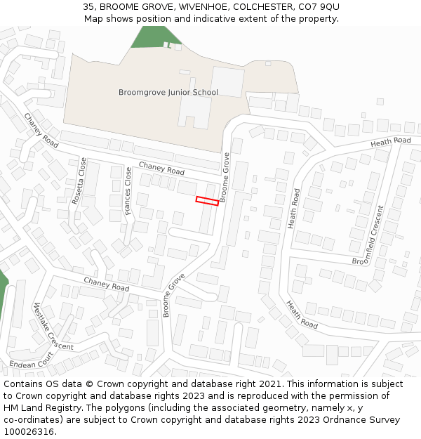 35, BROOME GROVE, WIVENHOE, COLCHESTER, CO7 9QU: Location map and indicative extent of plot
