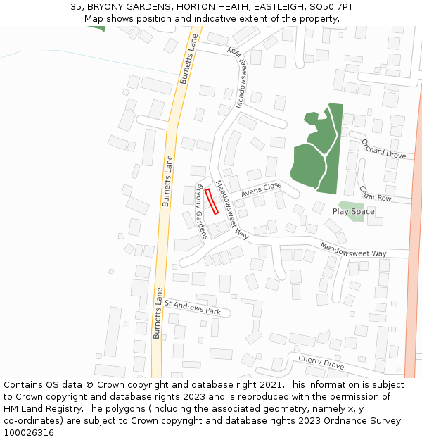 35, BRYONY GARDENS, HORTON HEATH, EASTLEIGH, SO50 7PT: Location map and indicative extent of plot