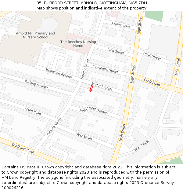 35, BURFORD STREET, ARNOLD, NOTTINGHAM, NG5 7DH: Location map and indicative extent of plot