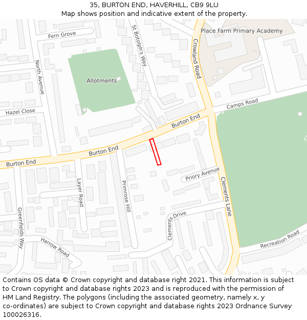 35, BURTON END, HAVERHILL, CB9 9LU: Location map and indicative extent of plot