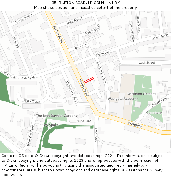 35, BURTON ROAD, LINCOLN, LN1 3JY: Location map and indicative extent of plot