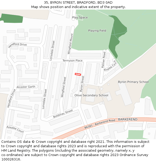 35, BYRON STREET, BRADFORD, BD3 0AD: Location map and indicative extent of plot