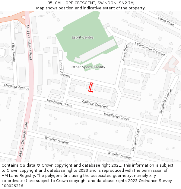 35, CALLIOPE CRESCENT, SWINDON, SN2 7AJ: Location map and indicative extent of plot