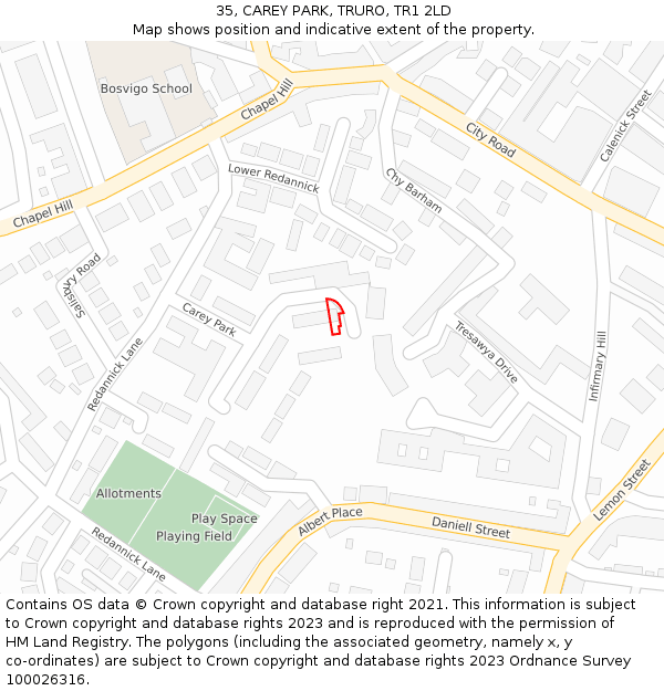 35, CAREY PARK, TRURO, TR1 2LD: Location map and indicative extent of plot
